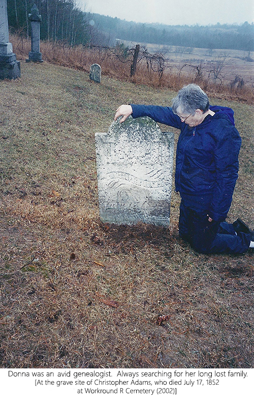 Donna searching for ancestors (2002) - Grave site of Christopher Adams who died July 17, 1852